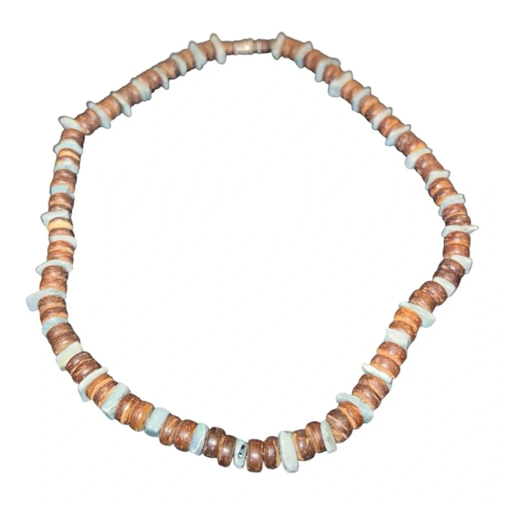 Brown Wood Beads with Turquoise Chips LS - Picture 1 of 2
